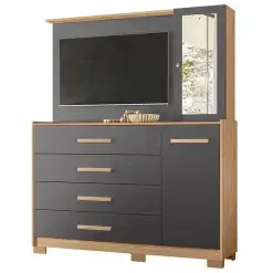 Comoda Ilhabela Com Painel Para Tv 4 Gavetas 2 Portas E Espelho Albatroz Freijo Titanium 73749