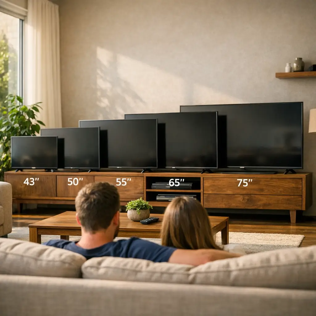 Distância ideal da TV para o sofá: tamanho certo, TVs 43 50 55 65 75 e casal no sofá