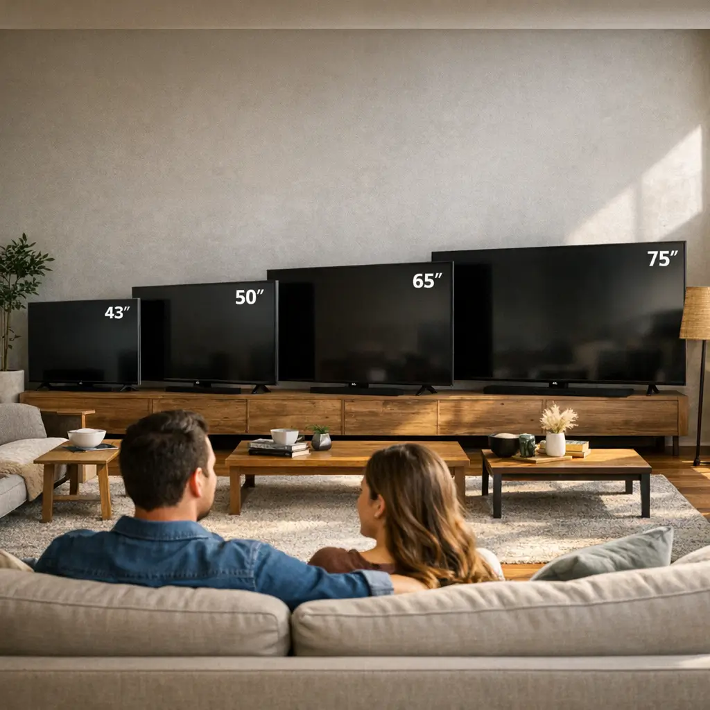 Distância ideal da TV para o sofá: tamanho certo, TVs 43 50 65 75 e casal no sofá