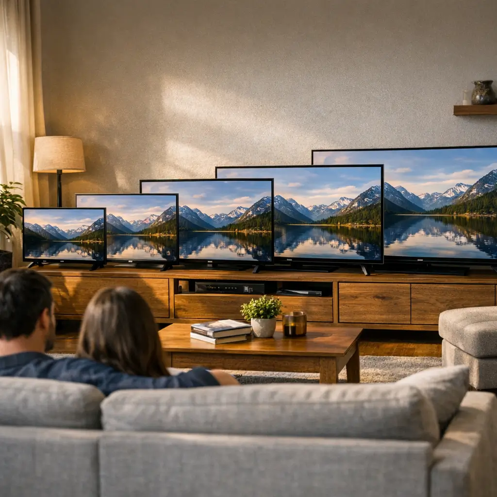 Distância ideal da TV para o sofá: tamanho certo, casal no sofá e várias TVs com paisagem