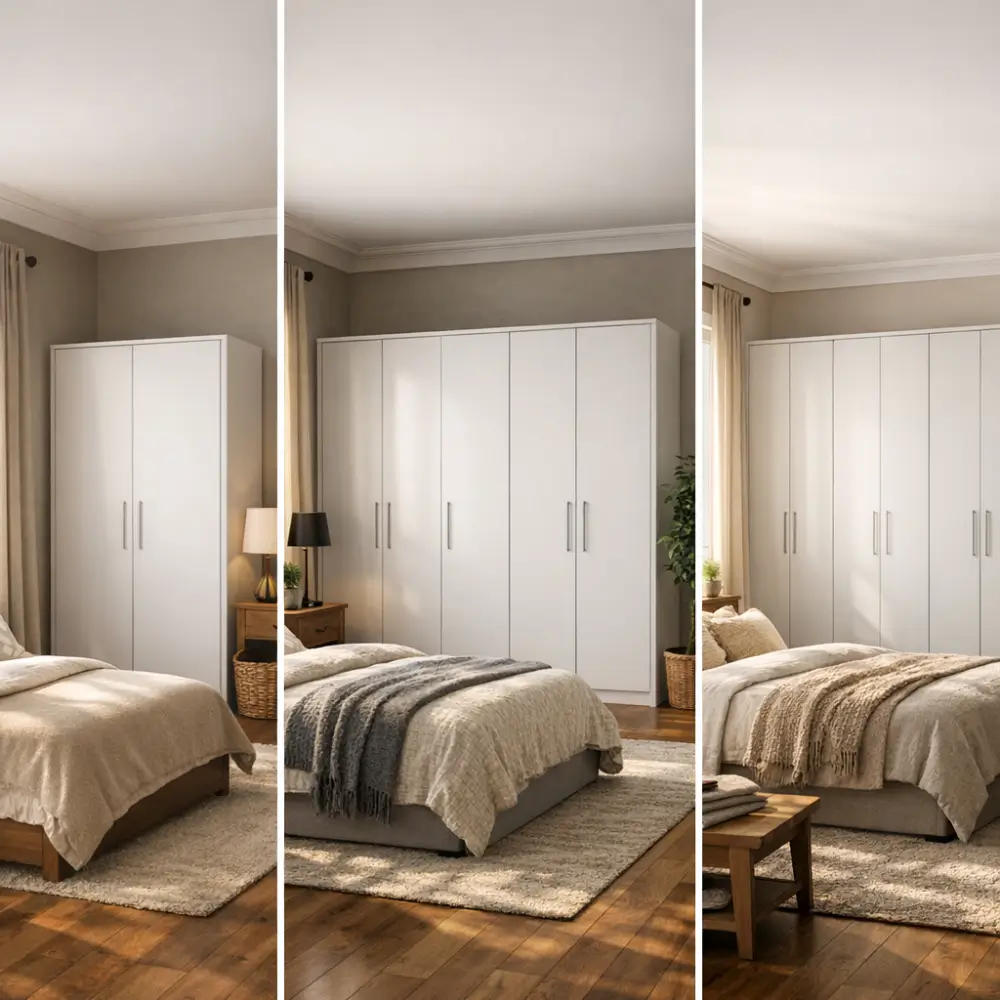 Guarda-roupa 4, 6 ou 8 portas: qual escolher? três guarda-roupas brancos no quarto