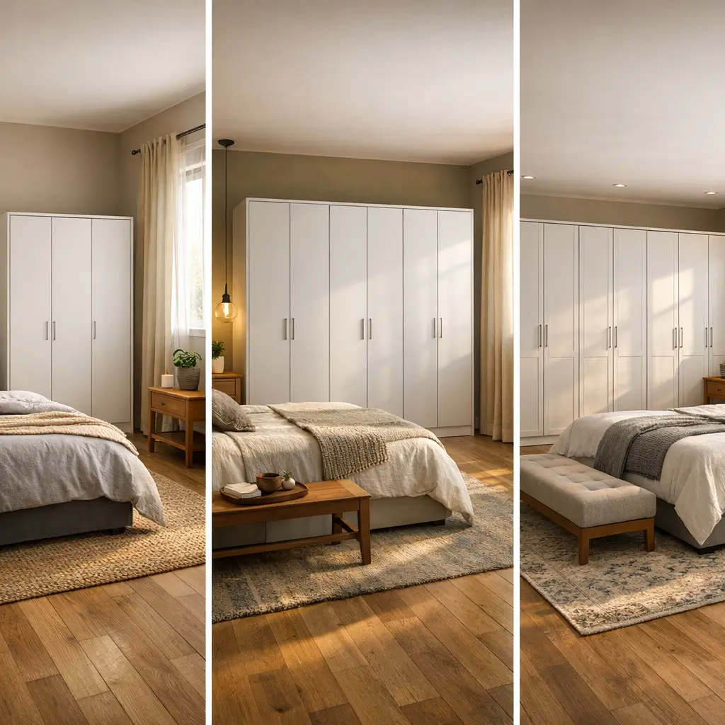 Guarda-roupa 4, 6 ou 8 portas: qual escolher? três guarda-roupas brancos no quarto