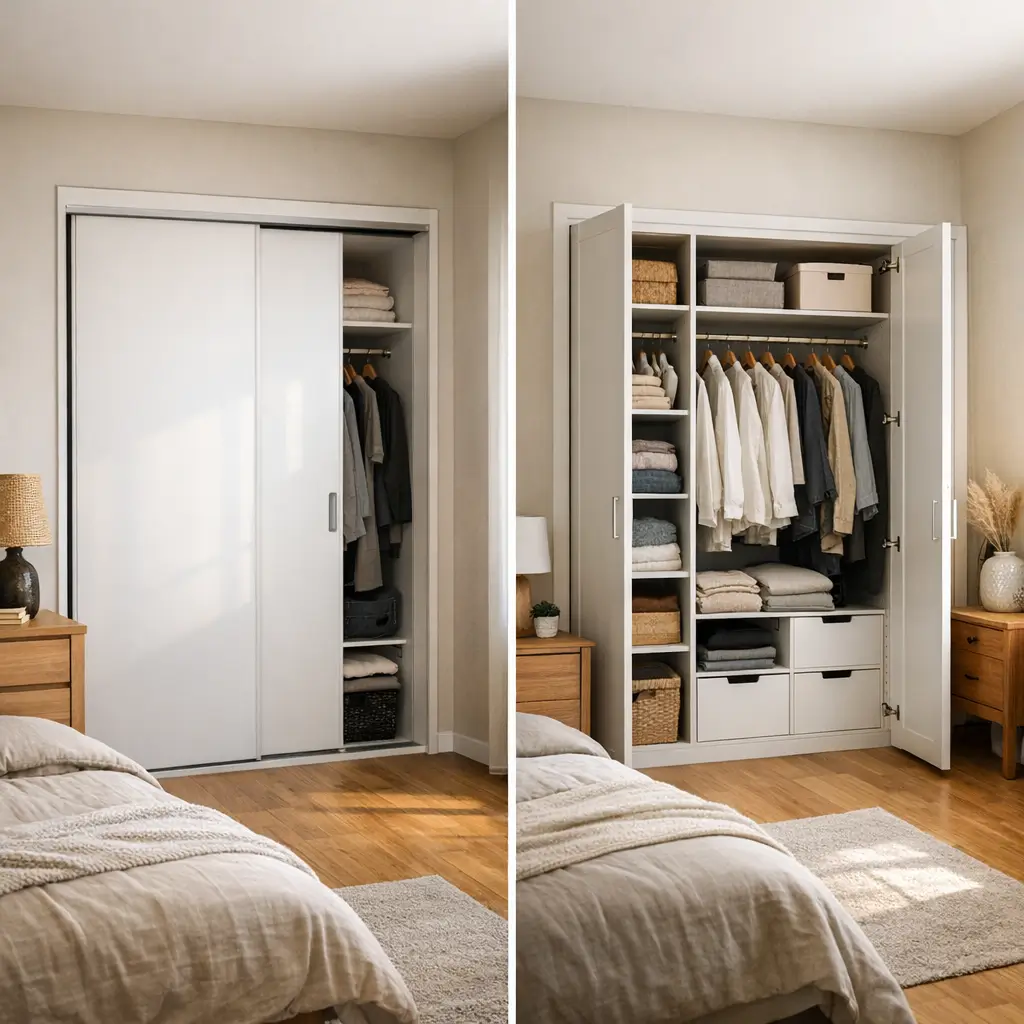 Guarda-roupa com porta de correr ou de abrir: qual escolher? comparação lado a lado de portas de correr fechadas e portas de abrir abertas com roupas e prateleiras