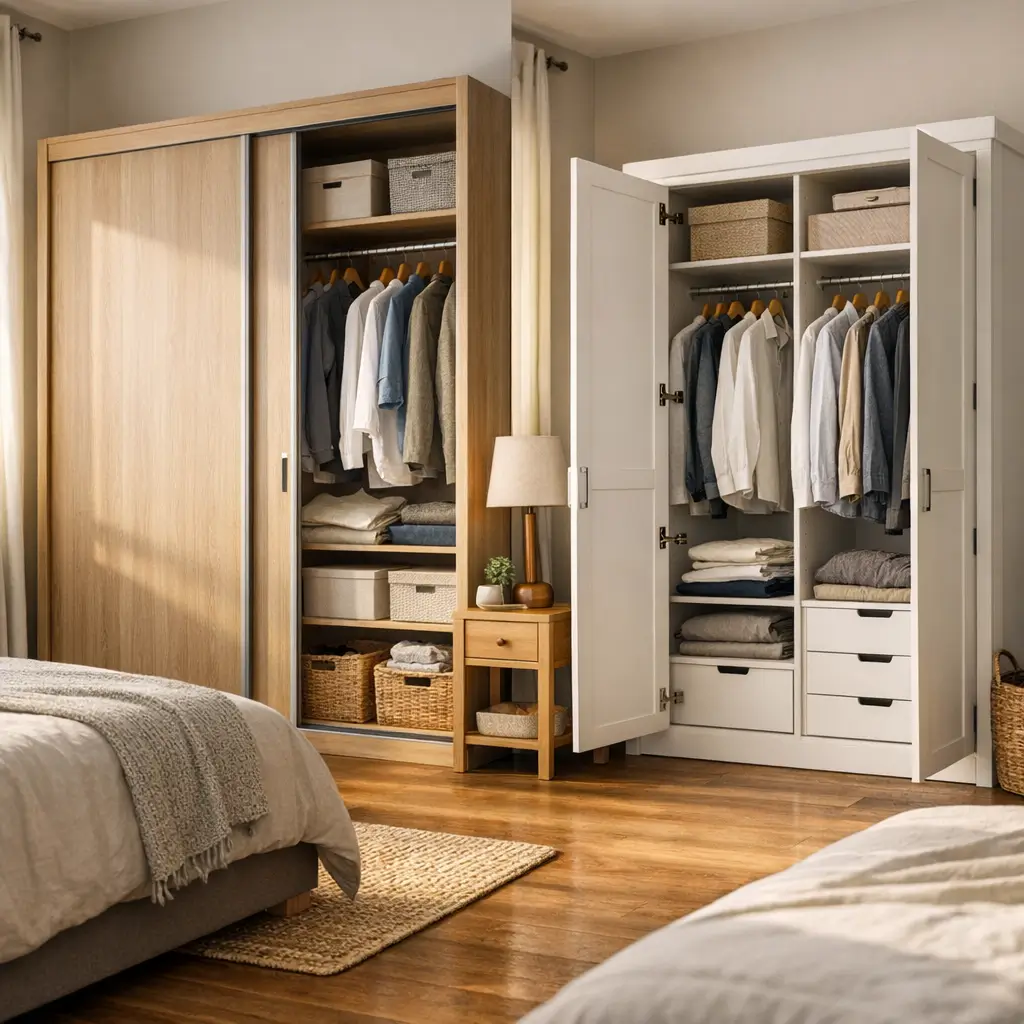 Guarda-roupa com porta de correr ou de abrir: qual escolher? guarda-roupa de correr amadeirado e guarda-roupa de abrir branco com roupas e gavetas no quarto