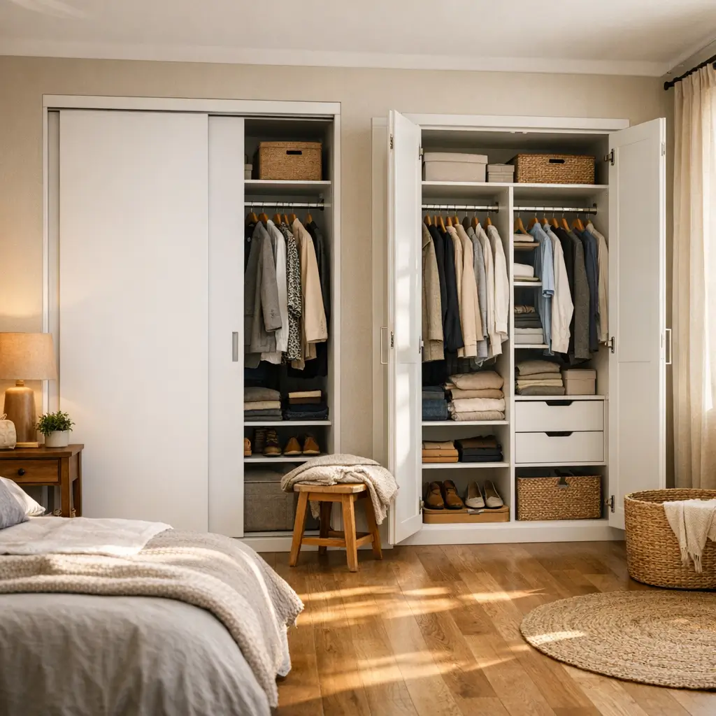 Guarda-roupa com porta de correr ou de abrir: qual escolher? quarto com porta de correr semiaberta e portas de abrir abertas com roupas e gavetas