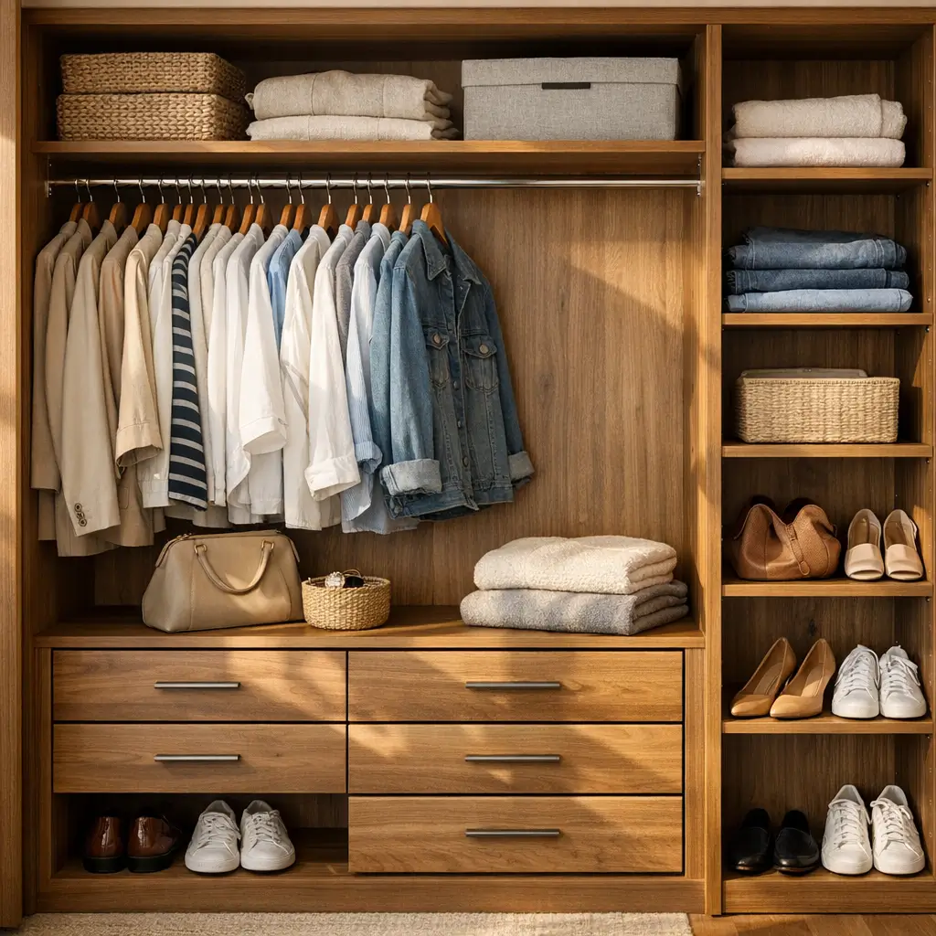 Guarda-roupa por dentro: divisão ideal e medidas com cabideiro, gavetas, prateleiras, toalhas e sapatos