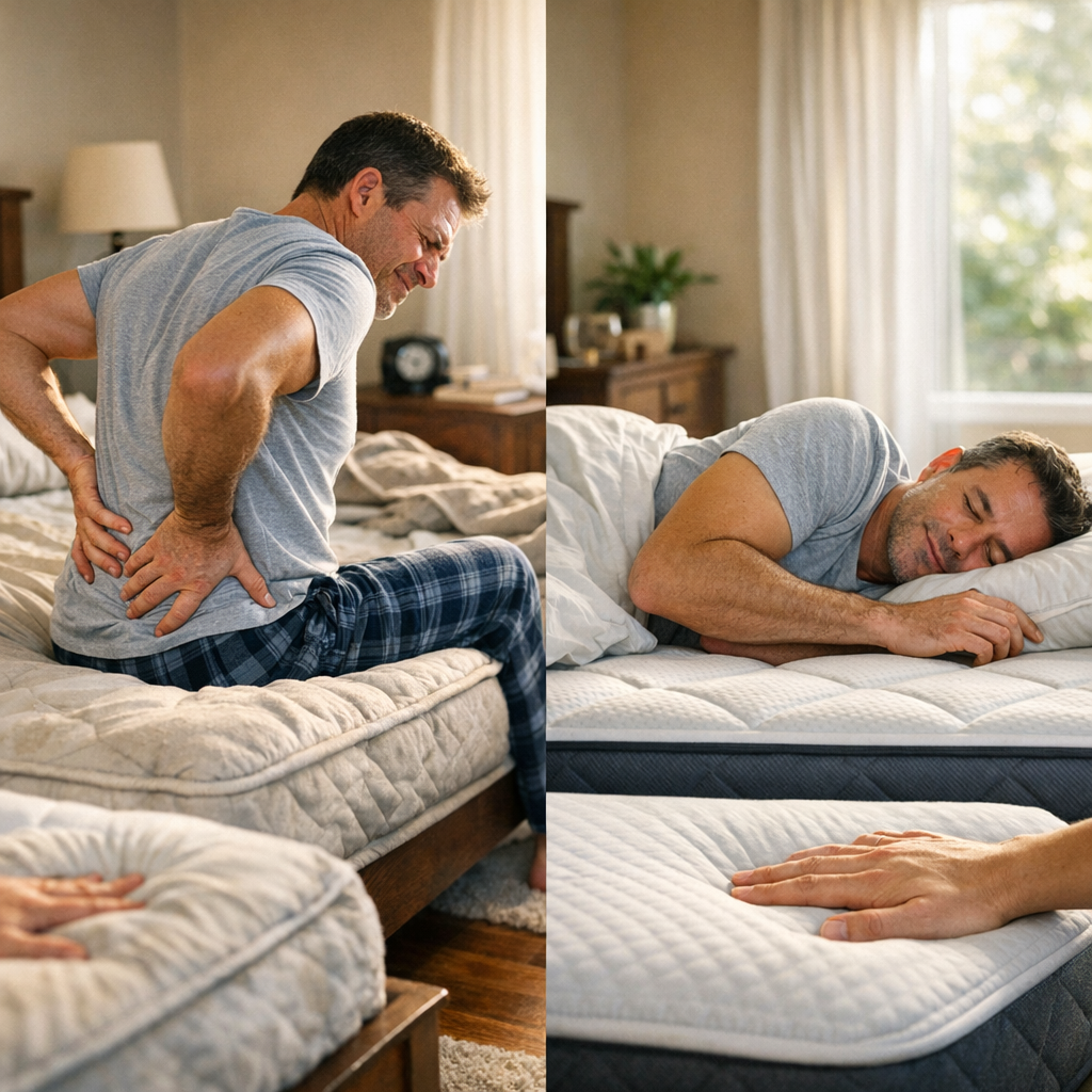 Homem sentado com dor na lombar e homem dormindo de lado, Colchão para dor na lombar: firme ou macio?