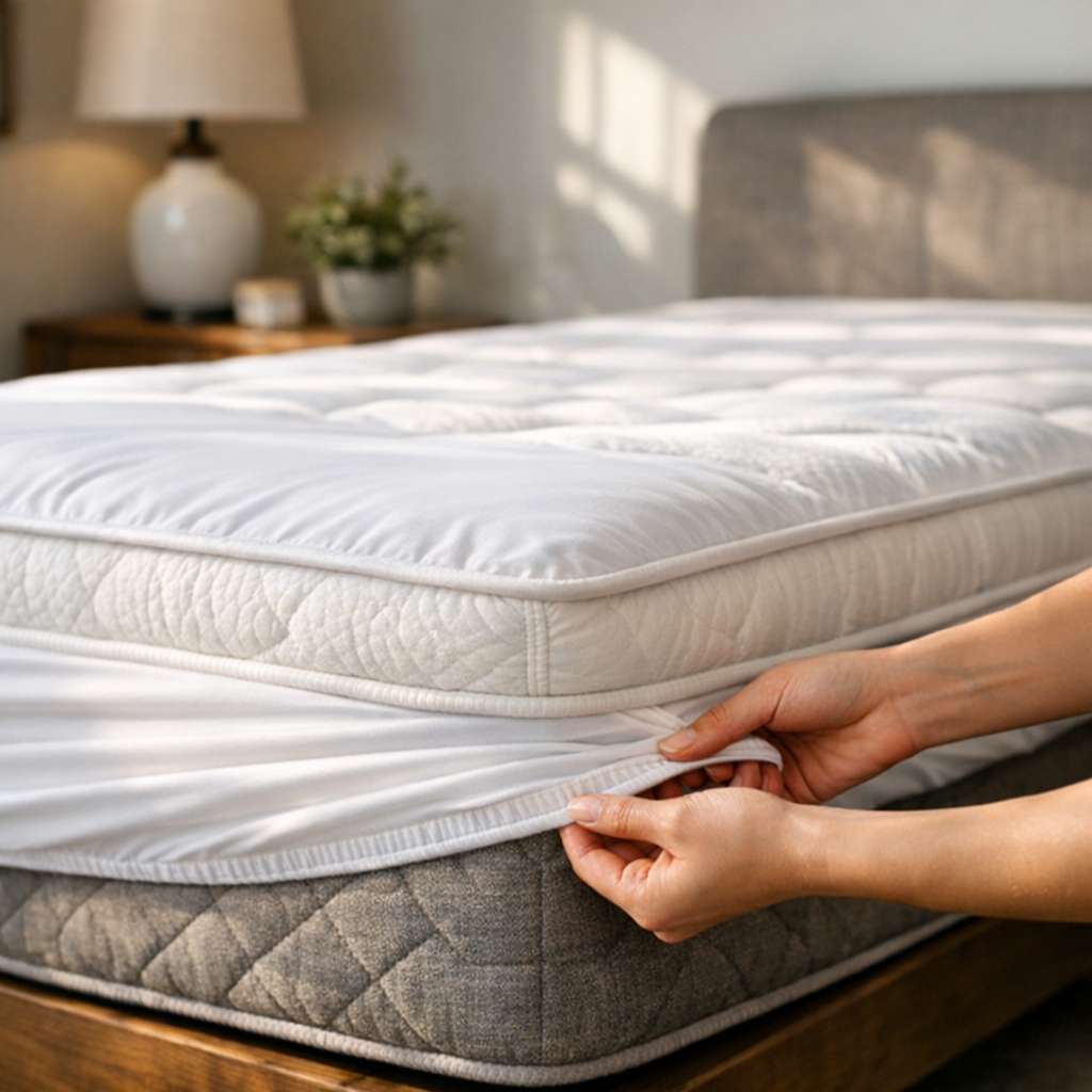 Lençol para colchão alto: tamanho certo sem folga, mãos ajustando elástico na quina do colchão