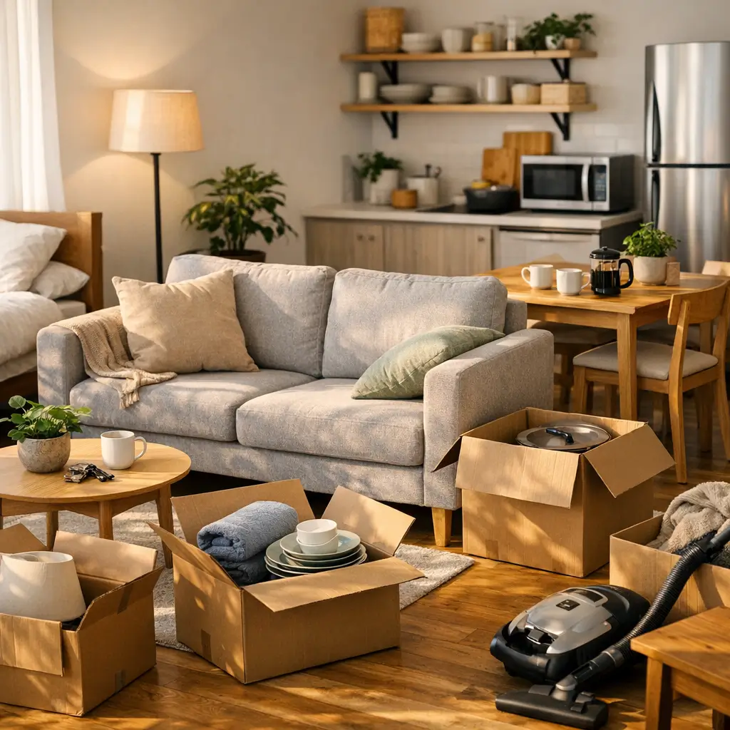 Lista de móveis essenciais para primeira casa: o básico, sofá, mesa, caixas de mudança, aspirador, cozinha e geladeira