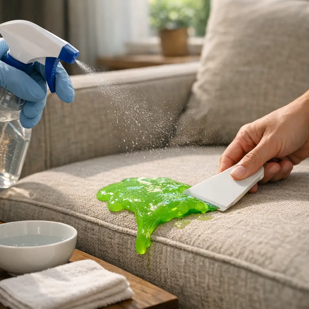 Luvas com spray e espátula removendo slime verde no sofá, Como tirar slime do sofá sem manchar o tecido