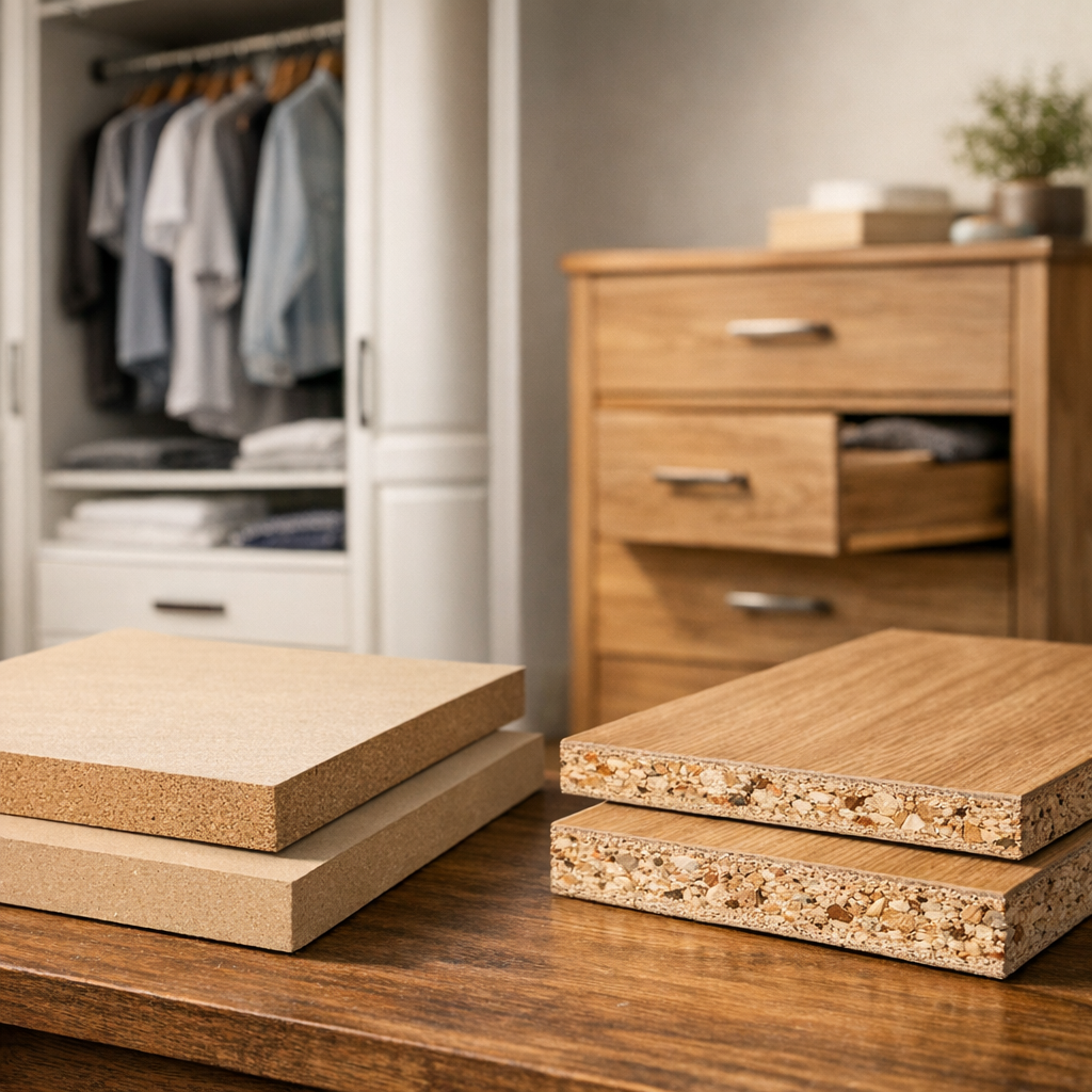 MDF ou MDP: qual dura mais em móveis? placas empilhadas na mesa, guarda-roupa e cômoda ao fundo