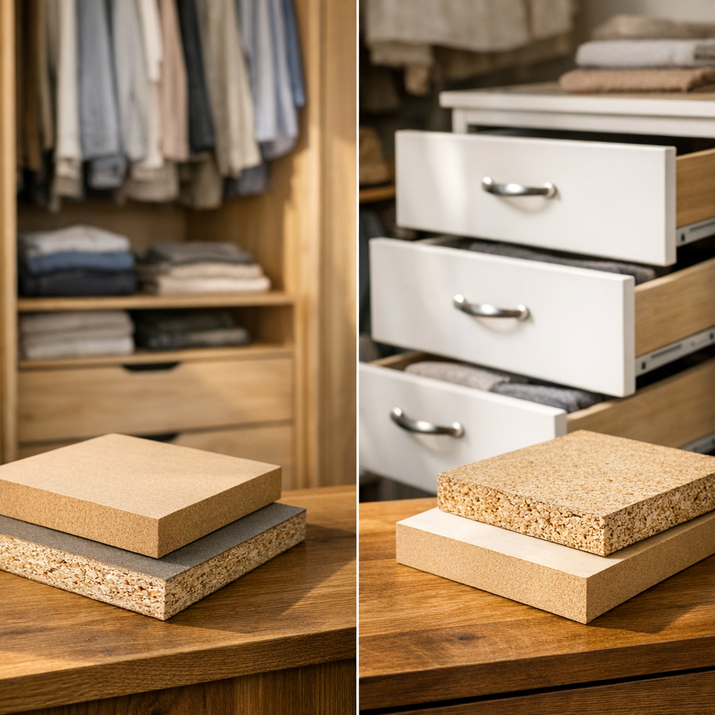 MDF ou MDP: qual dura mais em móveis? placas na mesa, guarda-roupa e gavetas abertas