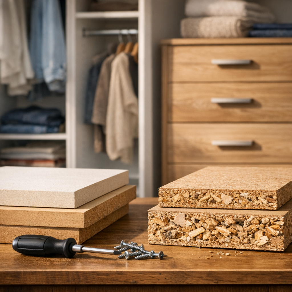 MDF ou MDP: qual dura mais em móveis? placas, parafusos e chave na bancada, guarda-roupa e cômoda ao fundo