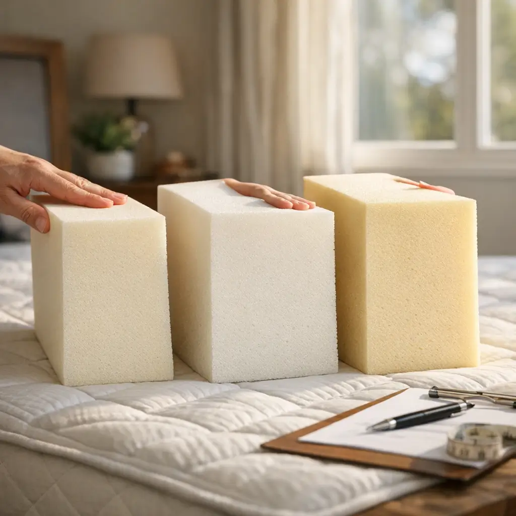 Mãos pressionando espumas no colchão, Densidade do colchão D28, D33 e D45: como escolher