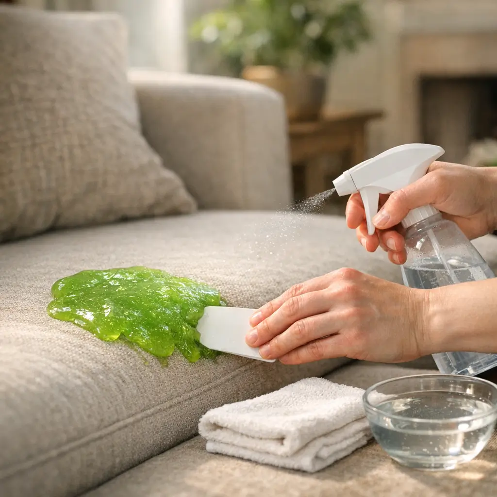 Mãos raspando slime verde do sofá com espátula e spray, Como tirar slime do sofá sem manchar o tecido
