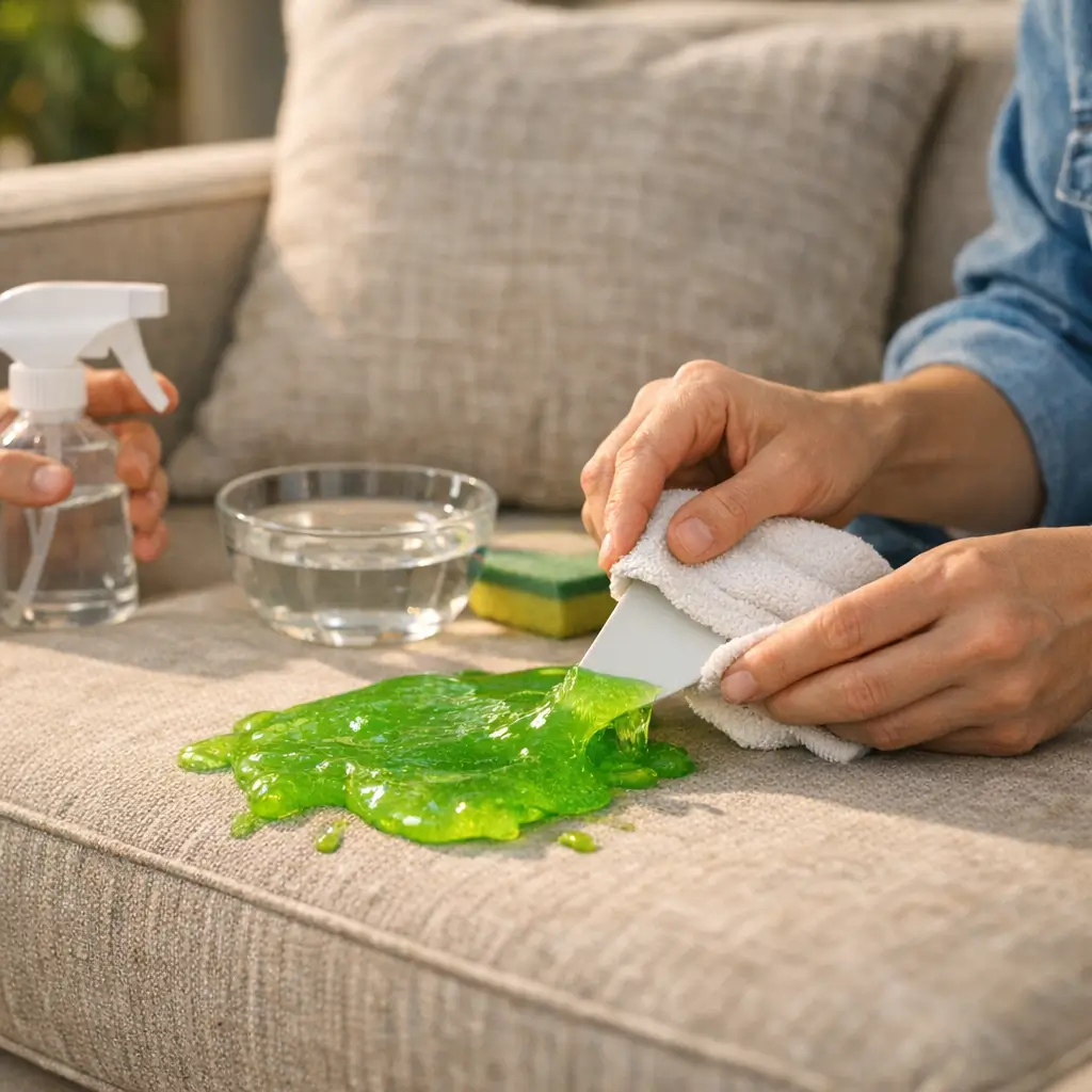 Mãos removendo slime verde do sofá com espátula e pano, Como tirar slime do sofá sem manchar o tecido
