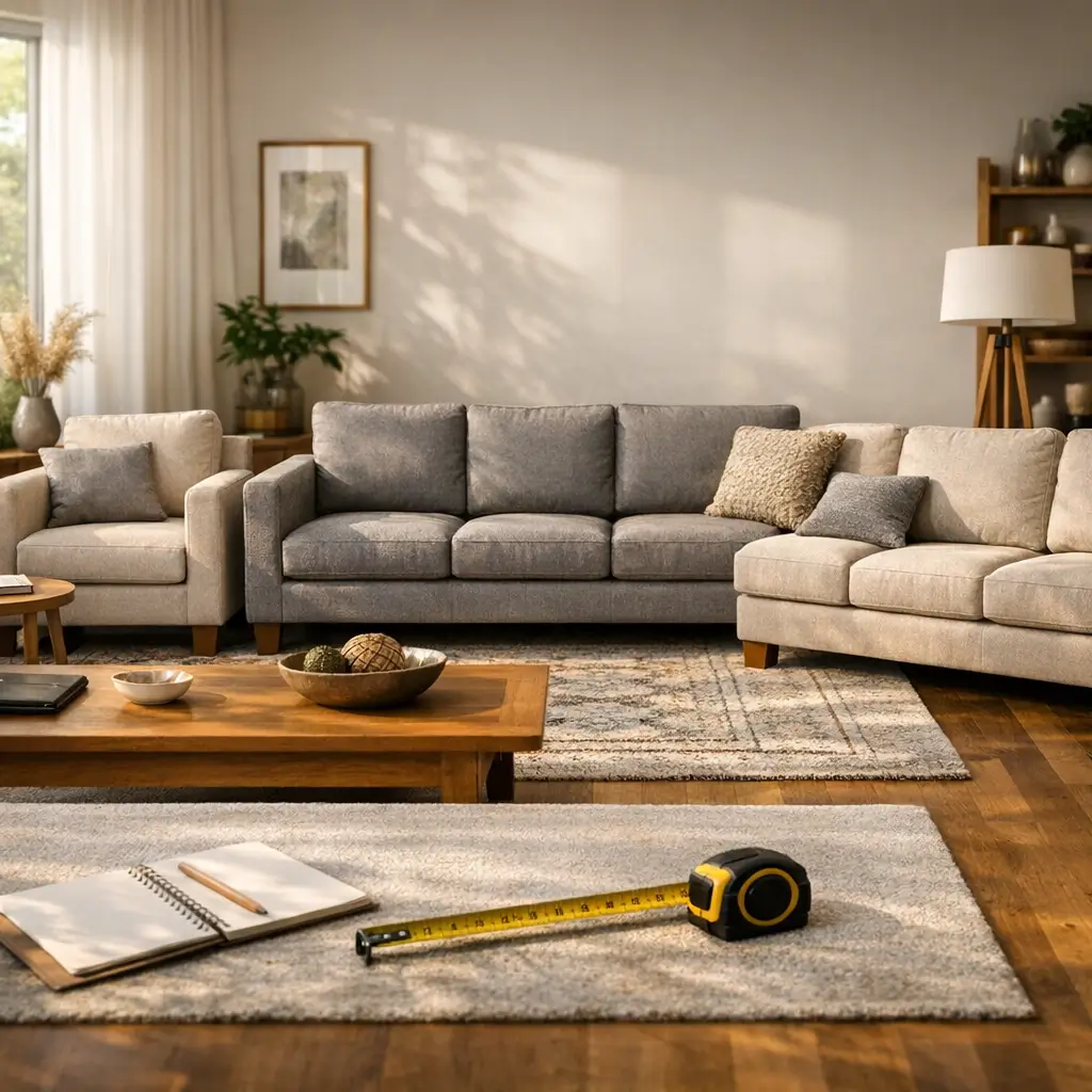 Medidas de sofá 2, 3 e 4 lugares: qual cabe, sala com sofás, tapetes e trena no chão