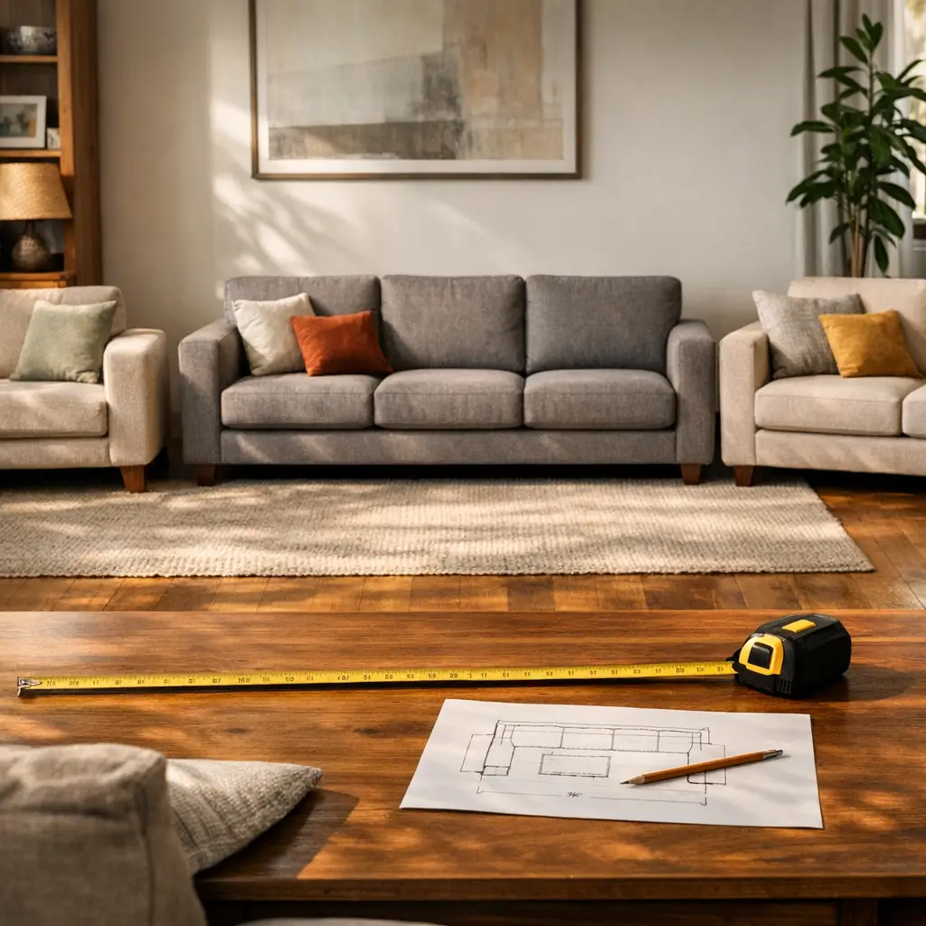 Medidas de sofá 2, 3 e 4 lugares: qual cabe, sofá com poltronas, tapete e trena na mesa