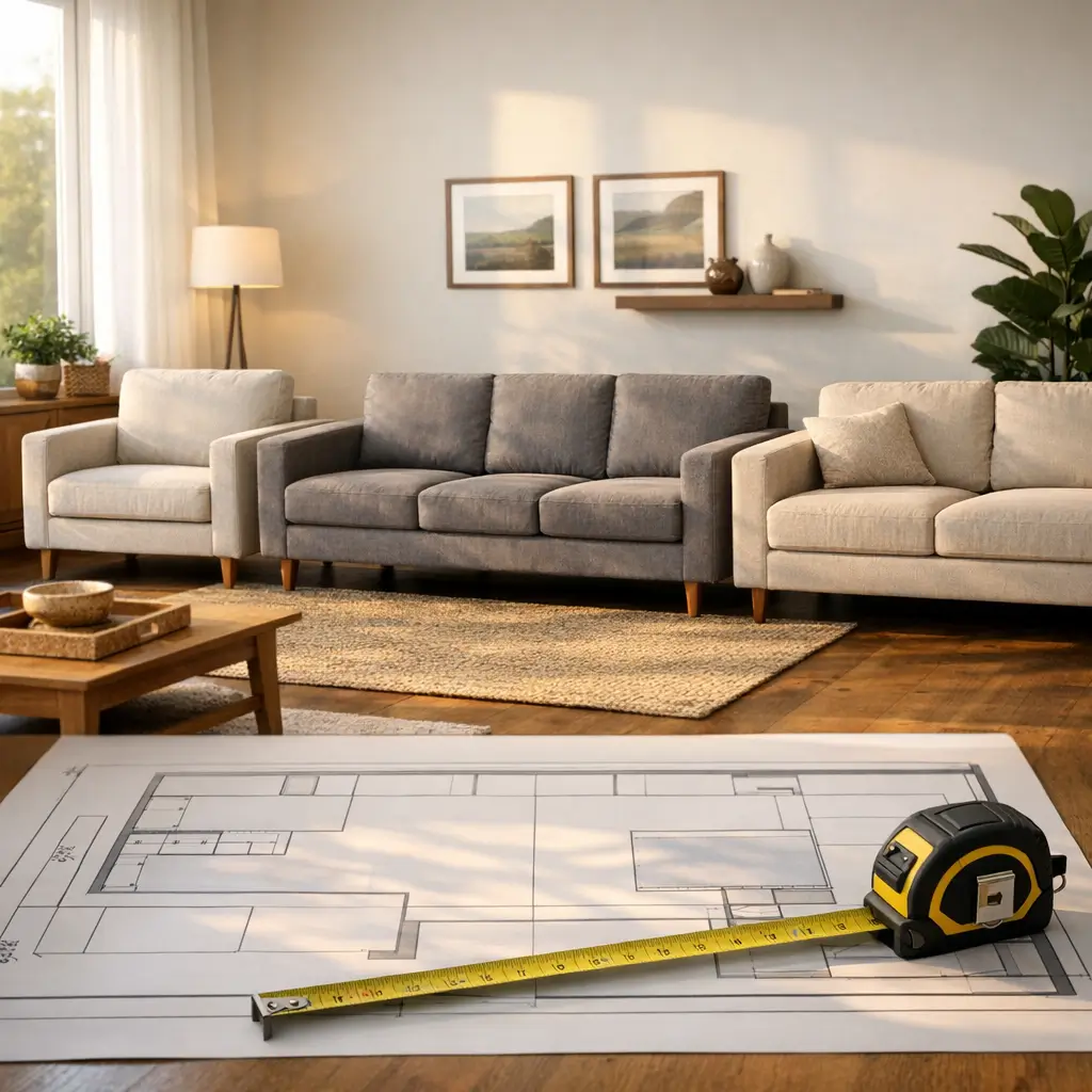 Medidas de sofá 2, 3 e 4 lugares: qual cabe, sofá e poltronas com trena na planta baixa