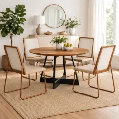 Mesa De Jantar Atria Redonda Com 4 Cadeiras Wood 1751 Em Aco E Mdf Tecido Linho Carraro 56589