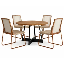 Mesa De Jantar Atria Redonda Com 4 Cadeiras Wood 1751 Em Aco E Mdf Tecido Linho Carraro Nogal Com Rose Cobre 24598