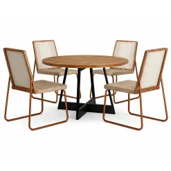 Mesa De Jantar Atria Redonda Com 4 Cadeiras Wood 1751 Em Aco E Mdf Tecido Linho Carraro Preto Nogal Com Tecido Areia 35912