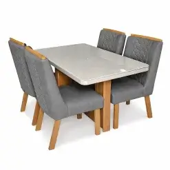 Mesa De Jantar Dora 120x80cm Com 4 Cadeiras Dora Tecido Veludo Valdemoveis Cinamomo Off White Com Tecido Cinza 87646