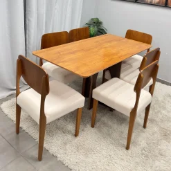 Mesa De Jantar Dubai Flex 160x80cm Sem Vidro E 6 Cadeiras Barcelona Em Linho Madeira Cel Moveis 92090