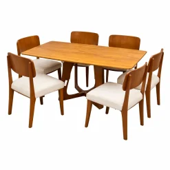 Mesa De Jantar Dubai Flex 160x80cm Sem Vidro E 6 Cadeiras Barcelona Em Linho Madeira Cel Moveis Cinamomo Com Tecido Bege 57330