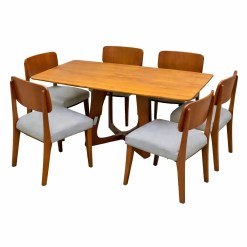 Mesa De Jantar Dubai Flex 160x80cm Sem Vidro E 6 Cadeiras Barcelona Em Linho Madeira Cel Moveis Cinamomo Com Tecido Cinza 52900