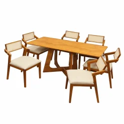 Mesa De Jantar Dubai Flex 160x80cm Sem Vidro E 6 Cadeiras Berlim Hr Em Linho Madeira Cel Moveis Cinamomo Com Tecido Bege 78795