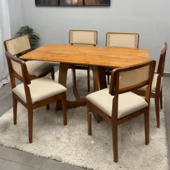 Mesa De Jantar Dubai Flex 160x80cm Sem Vidro E 6 Cadeiras Canada Em Linho Madeira Cel Moveis 88482