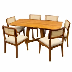 Mesa De Jantar Dubai Flex 160x80cm Sem Vidro E 6 Cadeiras Canada Em Linho Madeira Cel Moveis Cinamomo Com Tecido Bege 62961