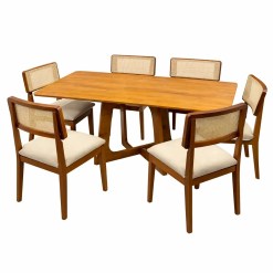 Mesa De Jantar Dubai Flex 160x80cm Sem Vidro E 6 Cadeiras Canada Em Linho Madeira Cel Moveis Cinamomo Com Tecido Bege 62961