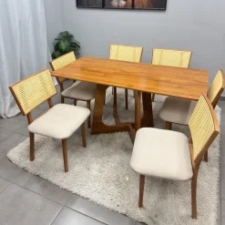 Mesa De Jantar Dubai Flex 160x80cm Sem Vidro E 6 Cadeiras Diamante Em Linho Madeira Cel Moveis 70105