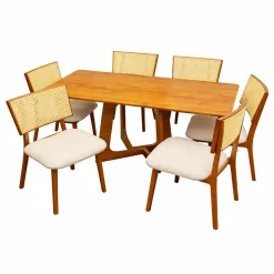 Mesa De Jantar Dubai Flex 160x80cm Sem Vidro E 6 Cadeiras Diamante Em Linho Madeira Cel Moveis Cinamomo Com Tecido Bege 12239