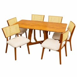 Mesa De Jantar Dubai Flex 160x80cm Sem Vidro E 6 Cadeiras Diamante Em Linho Madeira Cel Moveis Cinamomo Com Tecido Bege 12239