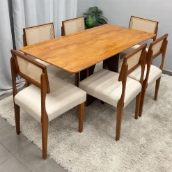 Mesa De Jantar Dubai Flex 160x80cm Sem Vidro E 6 Cadeiras Grecia Em Linho Madeira Cel Moveis 84053