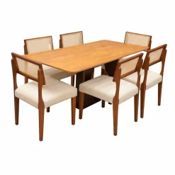 Mesa De Jantar Dubai Flex 160x80cm Sem Vidro E 6 Cadeiras Grecia Em Linho Madeira Cel Moveis Cinamomo Com Tecido Bege 83186