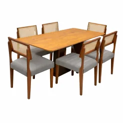 Mesa De Jantar Dubai Flex 160x80cm Sem Vidro E 6 Cadeiras Grecia Em Linho Madeira Cel Moveis Cinamomo Com Tecido Cinza 28944