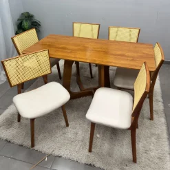 Mesa De Jantar Dubai Flex 160x80cm Sem Vidro E 6 Cadeiras Livia Em Linho Madeira Cel Moveis 84172