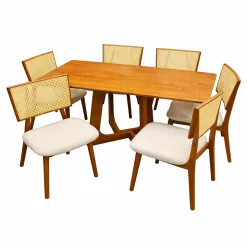 Mesa De Jantar Dubai Flex 160x80cm Sem Vidro E 6 Cadeiras Livia Em Linho Madeira Cel Moveis Cinamomo Com Tecido Bege 63488