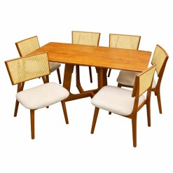 Mesa De Jantar Dubai Flex 160x80cm Sem Vidro E 6 Cadeiras Livia Em Linho Madeira Cel Moveis Cinamomo Com Tecido Bege 63488