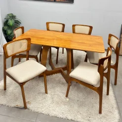 Mesa De Jantar Dubai Flex 160x80cm Sem Vidro E 6 Cadeiras New Viena Em Linho Madeira Cel Moveis 29494