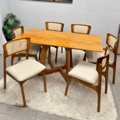 Mesa De Jantar Dubai Flex 160x80cm Sem Vidro E 6 Cadeiras New Viena Em Linho Madeira Cel Moveis 29494