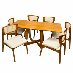 Mesa De Jantar Dubai Flex 160x80cm Sem Vidro E 6 Cadeiras New Viena Em Linho Madeira Cel Moveis Cinamomo Com Tecido Bege 25007