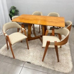 Mesa De Jantar Dubai Flex 160x80cm Sem Vidro E 6 Cadeiras Perola Em Linho Madeira Cel Moveis 17762