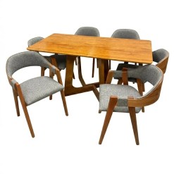 Mesa De Jantar Dubai Flex 160x80cm Sem Vidro E 6 Cadeiras Perola Em Linho Madeira Cel Moveis Cinamomo Com Tecido Cinza 39374