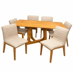 Mesa De Jantar Dubai Flex 160x80cm Sem Vidro E 6 Cadeiras Sofia Em Linho Madeira Cel Moveis Cinamomo Com Tecido Bege 40098