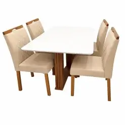 Mesa De Jantar Florenca 120x80cm Com Vidro E 4 Cadeiras California Em Linho Estofadas Lj Moveis Cinamomo Off White Com Tecido Bege 83018